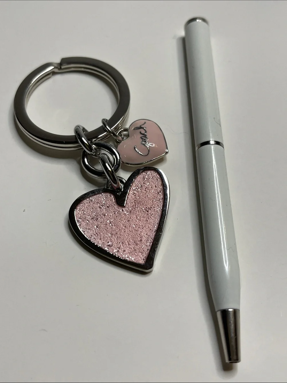 Coach Pink Glitter Heart Keychain with Small Heart Charm and Coach Pen - Picture 1 of 7